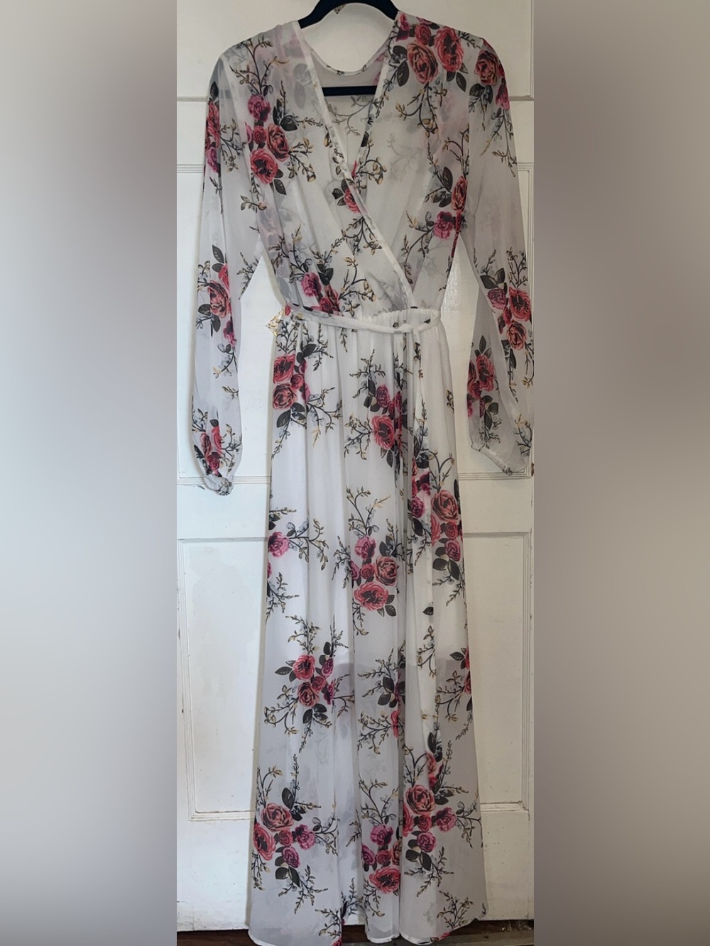 White Floral Sheer Maxi Dress with Pink Rose Print